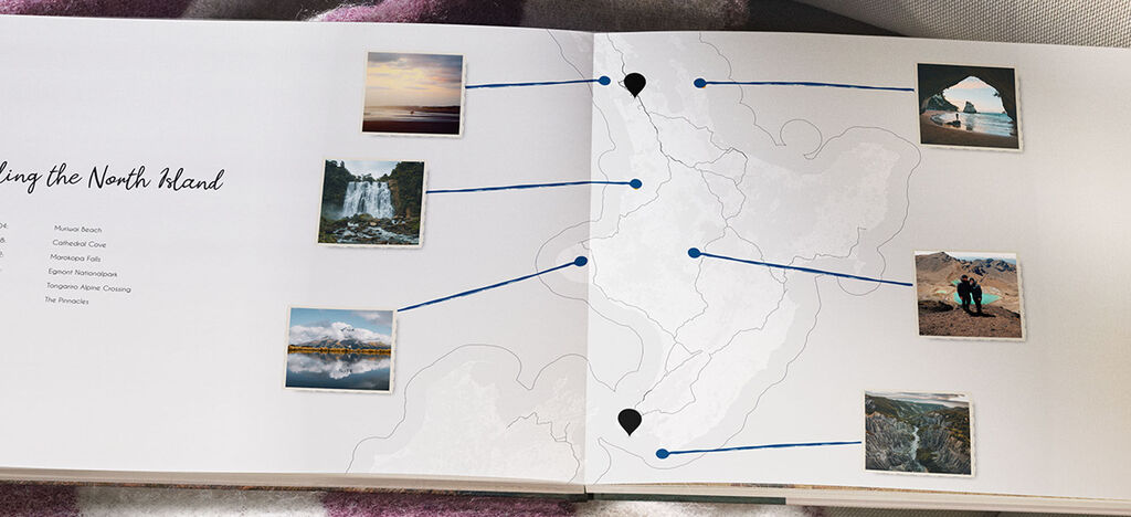 A creative page from a CEWE photo book showing various photos of travel memories, with map markers for each location.
