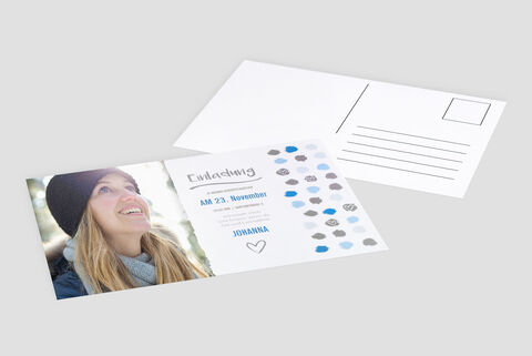 Festive invitation card with blue accents.