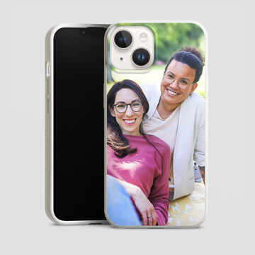 Phone showcasing case and people in the background.