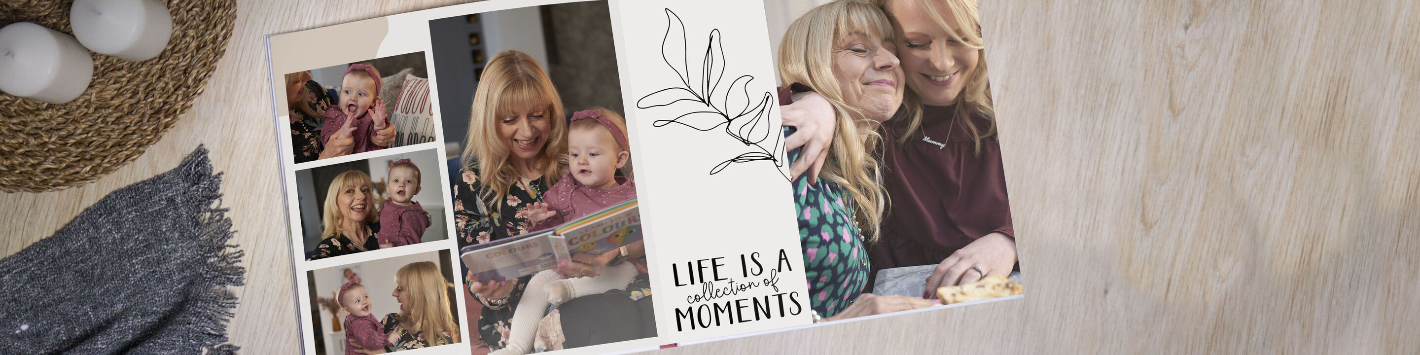 An open photo book with family pictures and the text 'Life is a wonderful journey.'