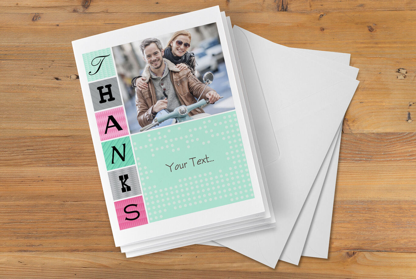 Colorful greeting cards with the word 'THANKS' and customizable text.
