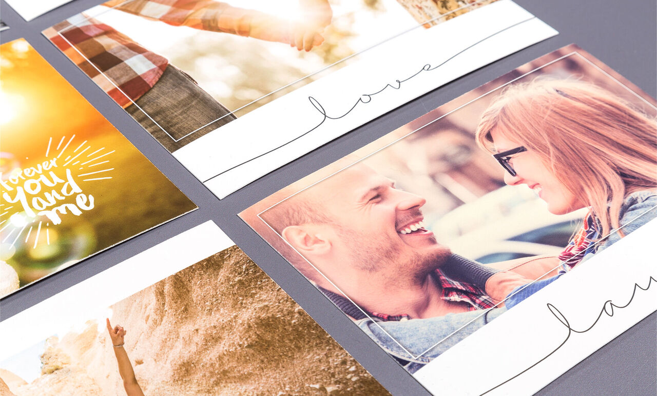 Two photos of a happy couple smiling at each other with a card that says 'love' and a sunset in the background.
