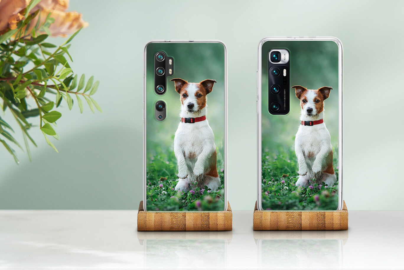 Two phones with a dog motif on a table.