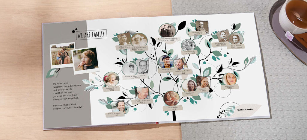 Family tree in a photo book with pictures and names