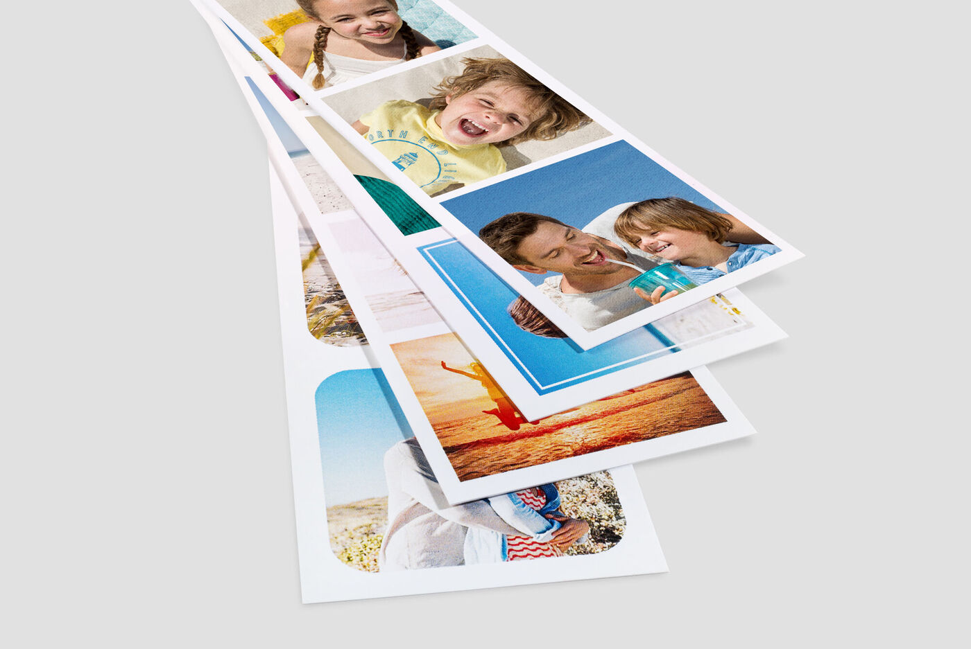 Colorful photos stacked on top of each other, showing smiling people.