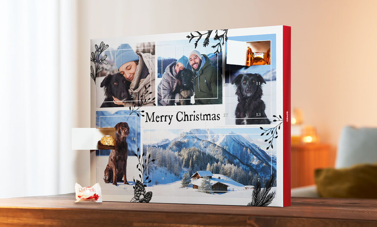 A beautiful CEWE photo book with Christmas pictures of a dog and winter landscapes.