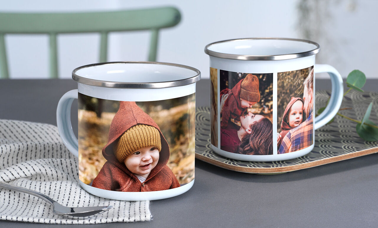 Two creative cups with individual photos on them, on a table.