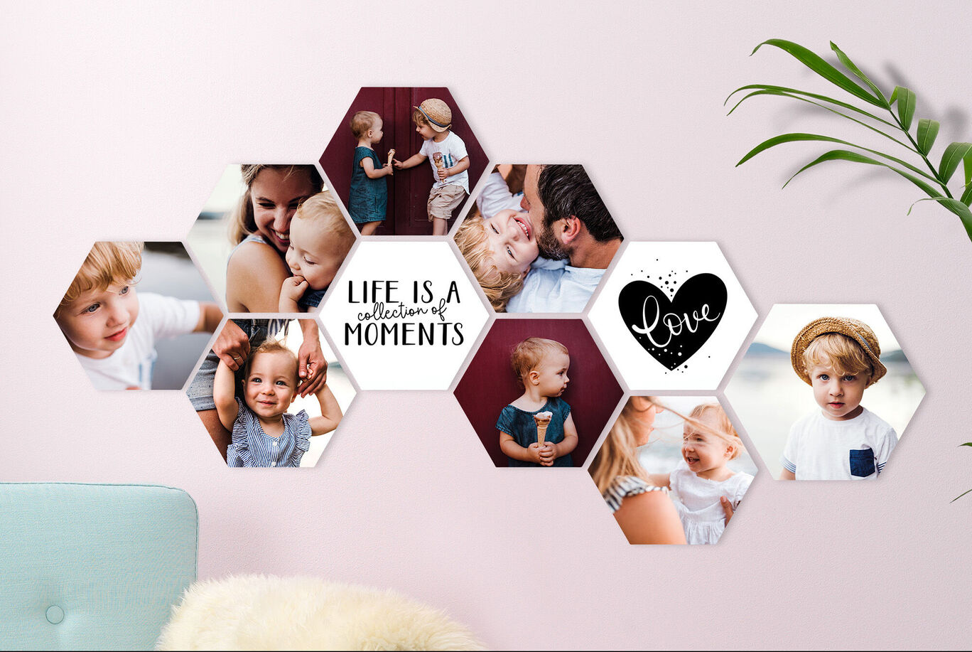 Wall art with hexagon motifs, capturing life moments with love, sharing positive memories