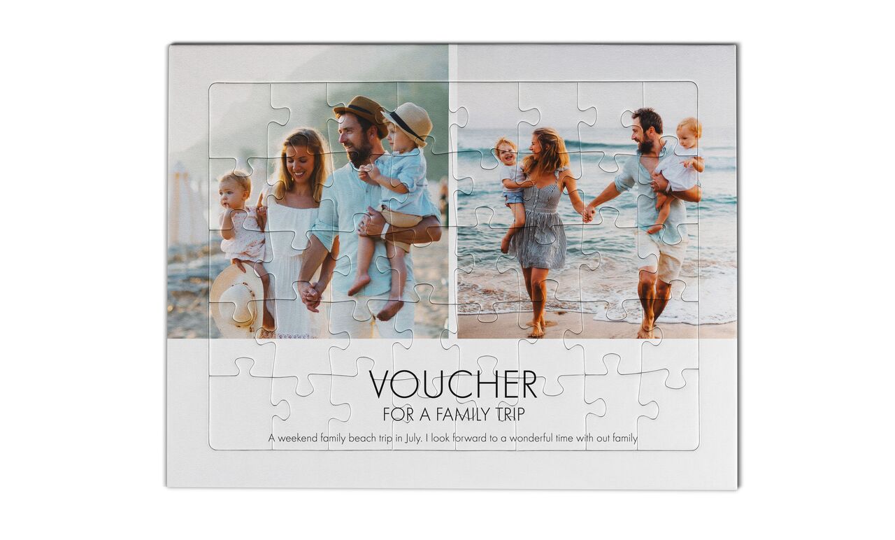 A voucher for a family trip with a puzzle design.