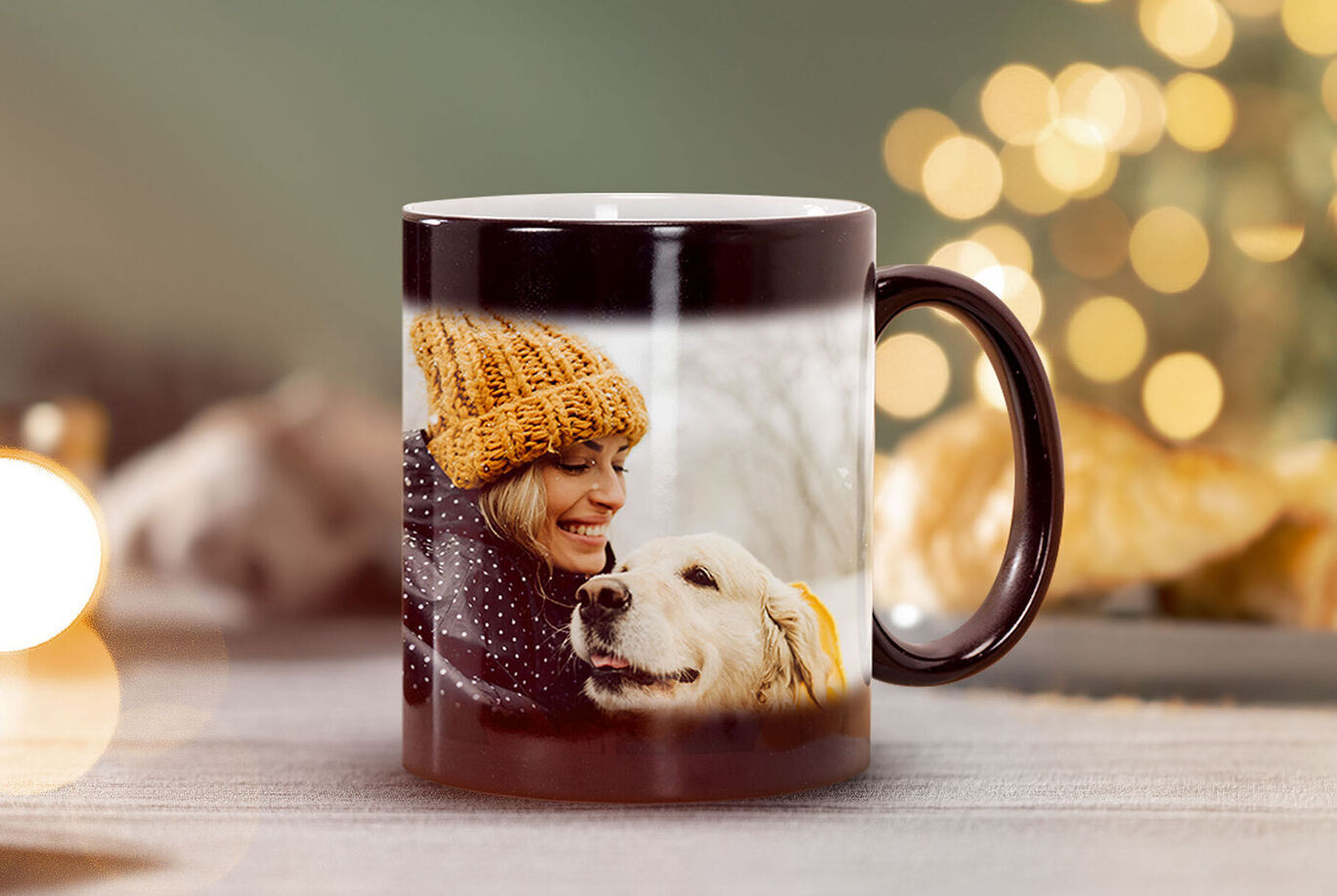 Mug with a dog and a person in winter.