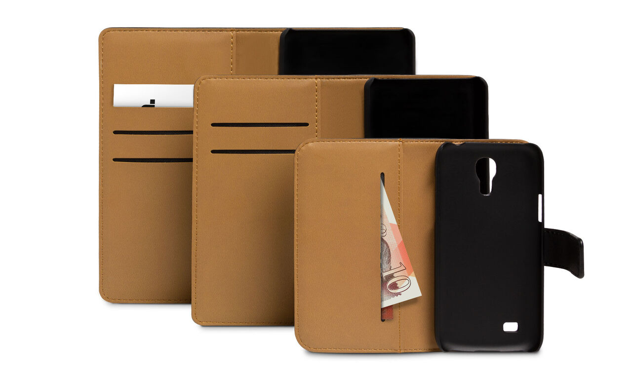 Brown phone case with card slots and banknote pocket.