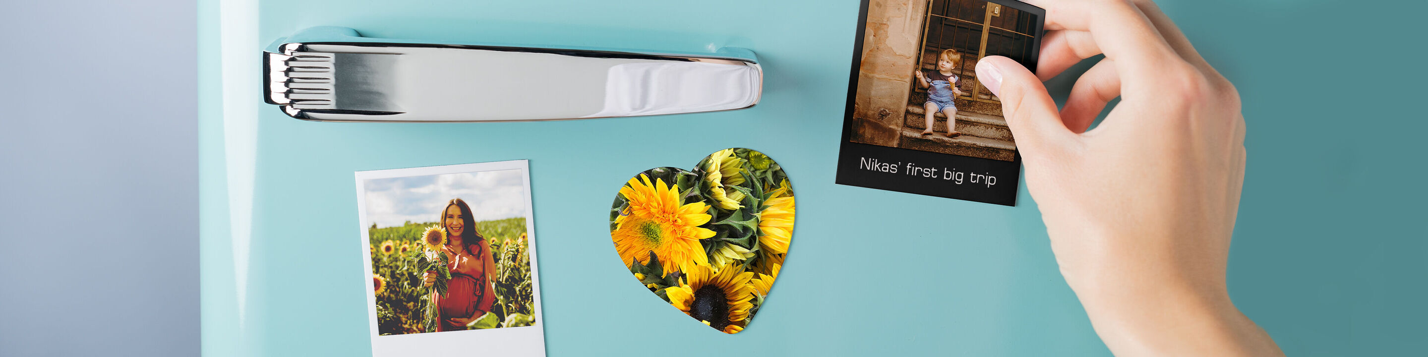 Colorful pictures stick to a fridge, including a heart-shaped photo montage with sunflowers.