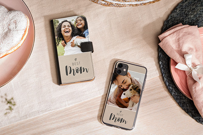 Two personalized phone cases with loving photos of a mother and her child. Emotional message: 'BEST MOM' on both cases.