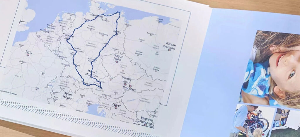 A detailed map of Germany with a blue line marking the travel route.
