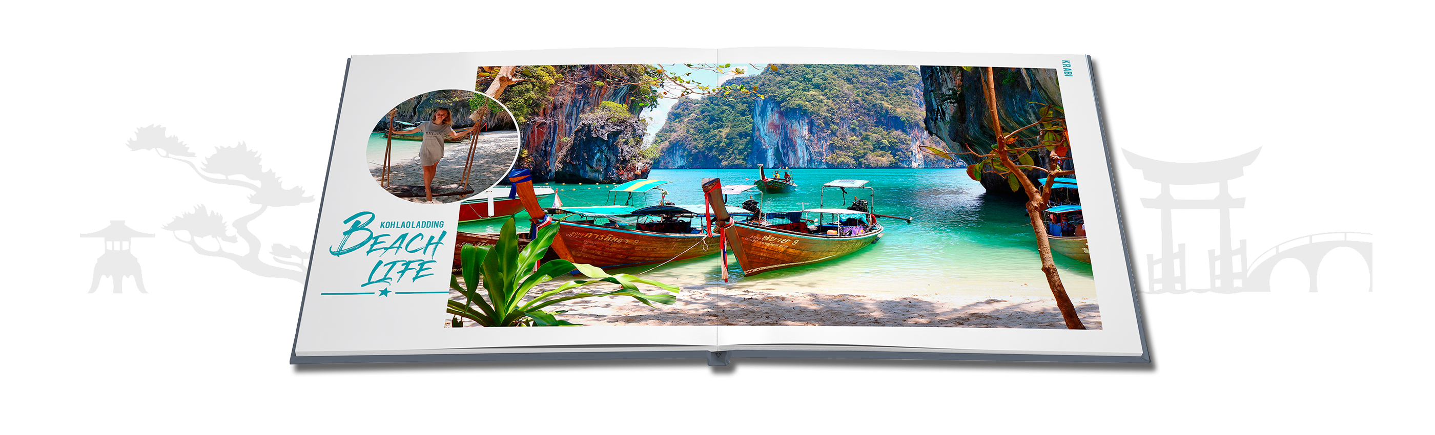 A beautiful CEWE PHOTO BOOK on a wooden surface, open to a page with photos from a paradise beach vacation.