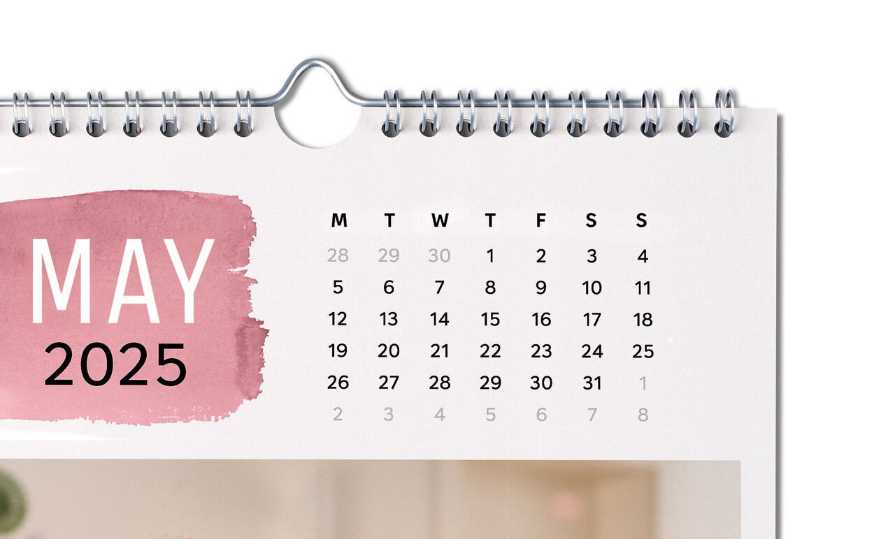 Calendar month with May 2025 written and an off-white background image
