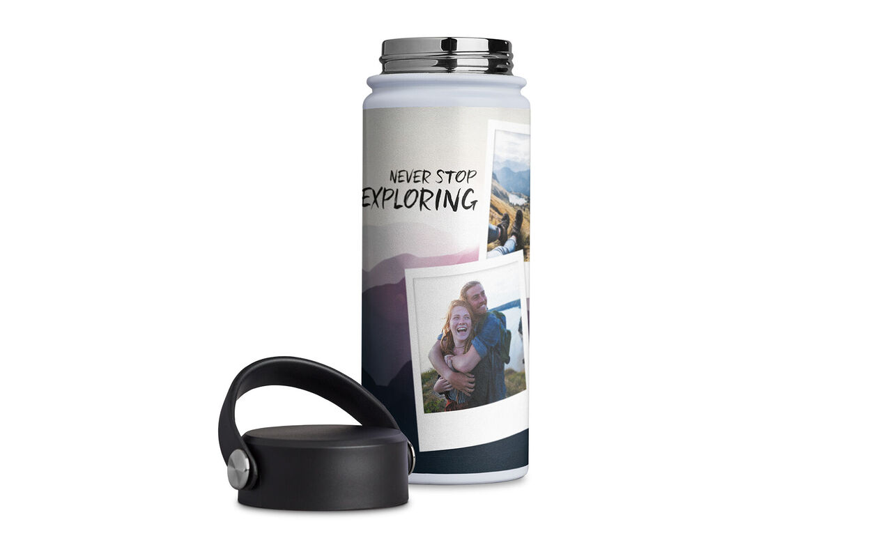 A personalized drinking bottle with photos and the text 'Never Stop Exploring'.