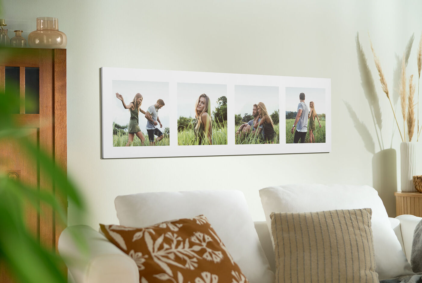 Four photos of a happy group of friends outdoors sharing joyful moments.