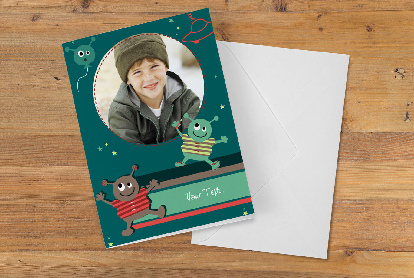 Beautiful greeting card with colorful figures and space for a photo.