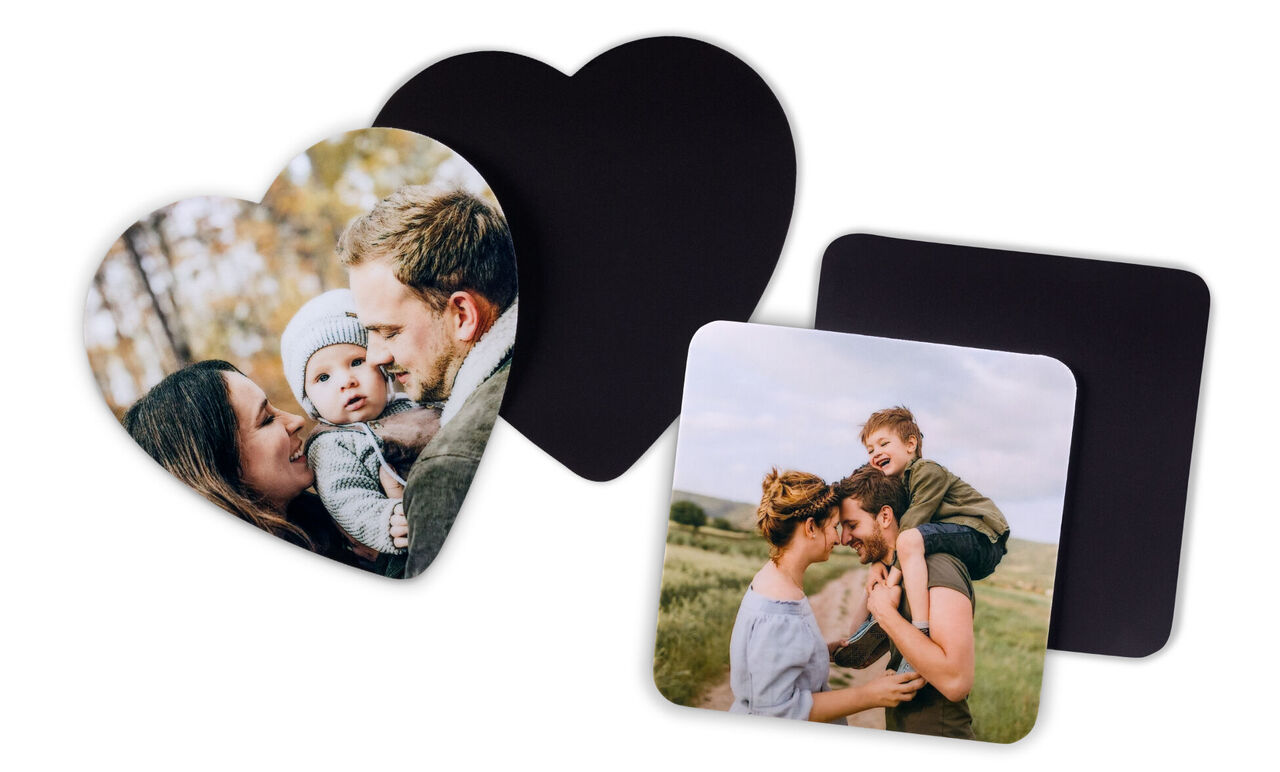 Three different photo gifts, including heart-shaped and square designs, showcasing vibrant memories.