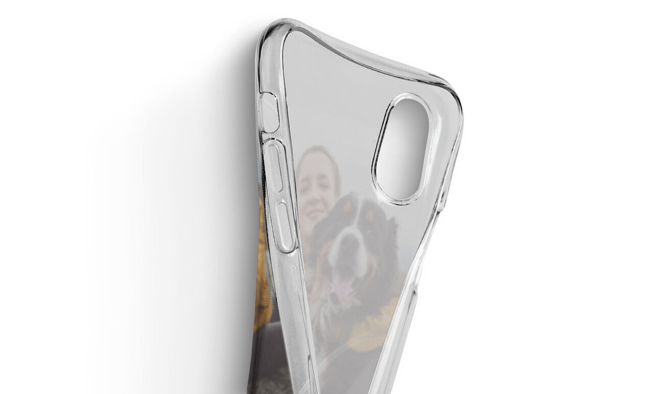Protective case for a smartphone with an adorable dog motif.