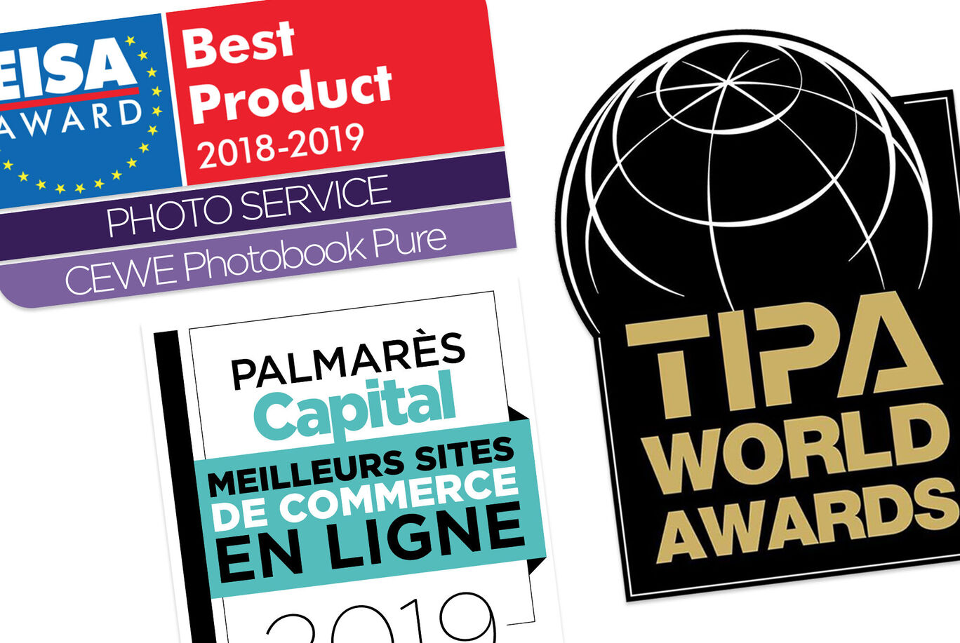 Three award logos for CEWE Photo Book Pure, Best Product 2018-2019 and TIPA World Awards, showing the award and quality of the product
