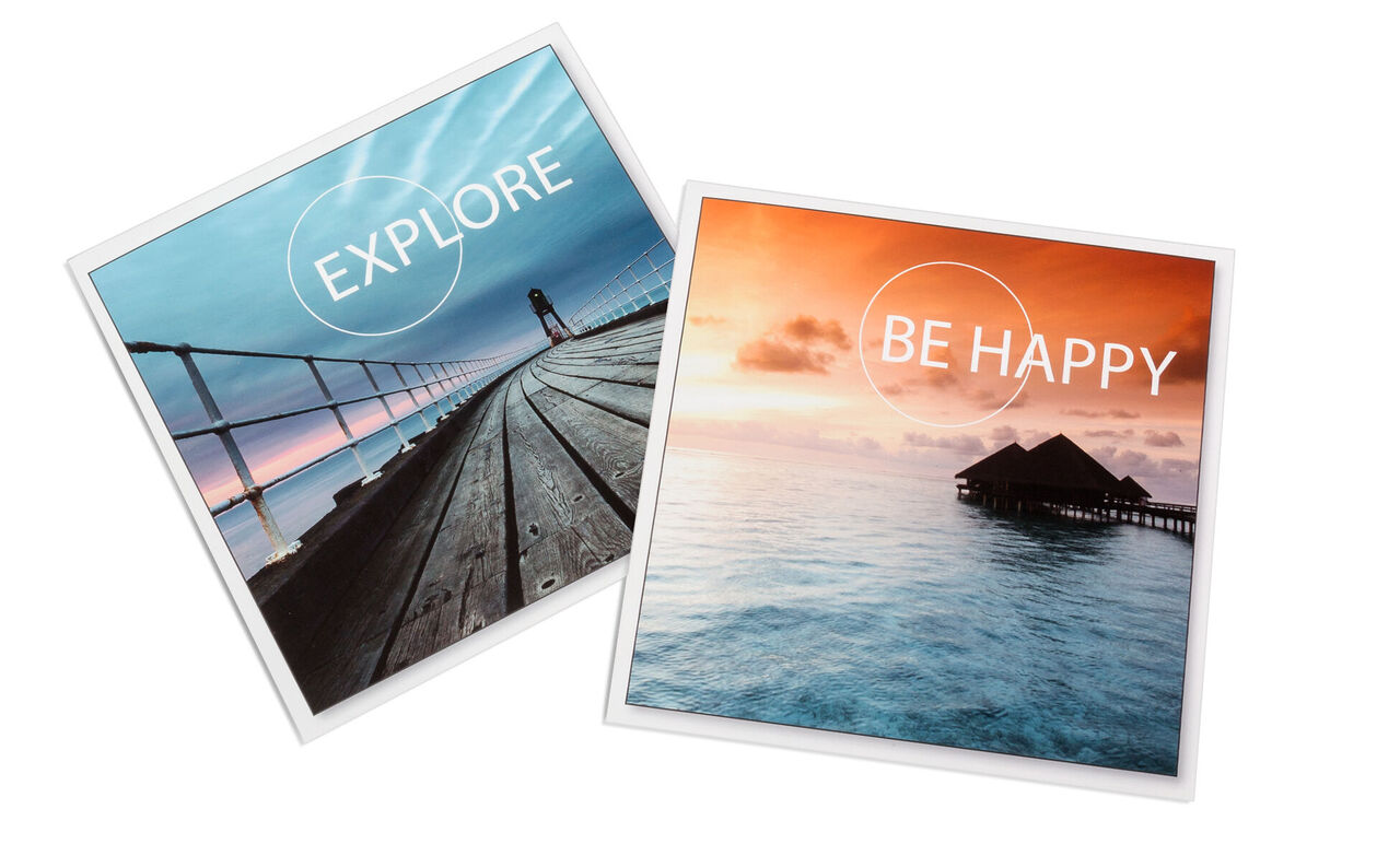 Two pictures with inspiring quotes. One shows a bridge at the sea, the other depicts an idyllic water scene with the words "EXPLORE" and "BE HAPPY."