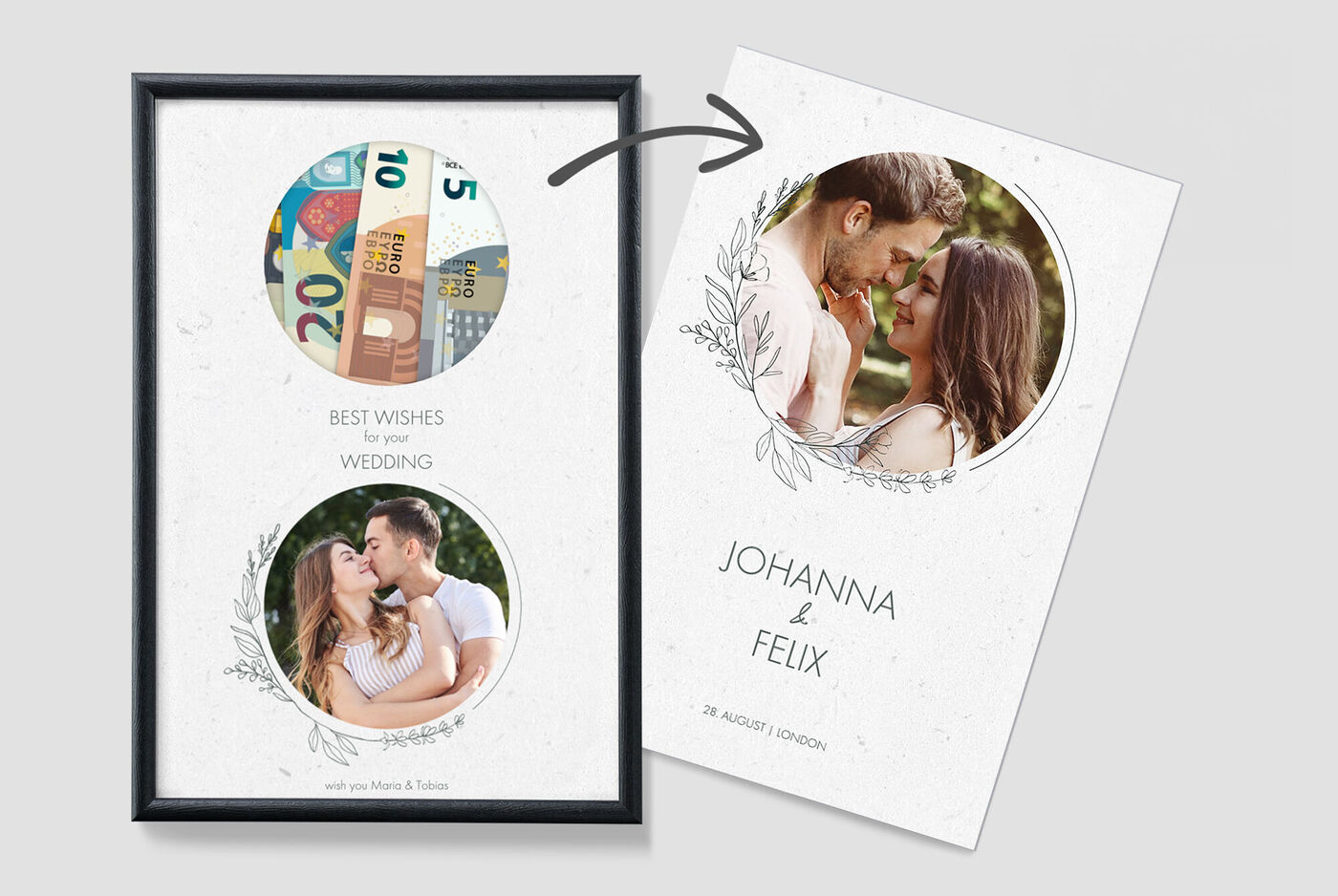 A loving wedding gift in a picture frame. The image shows two round cutouts: one with banknotes and one with a couple, adorned with floral elements.