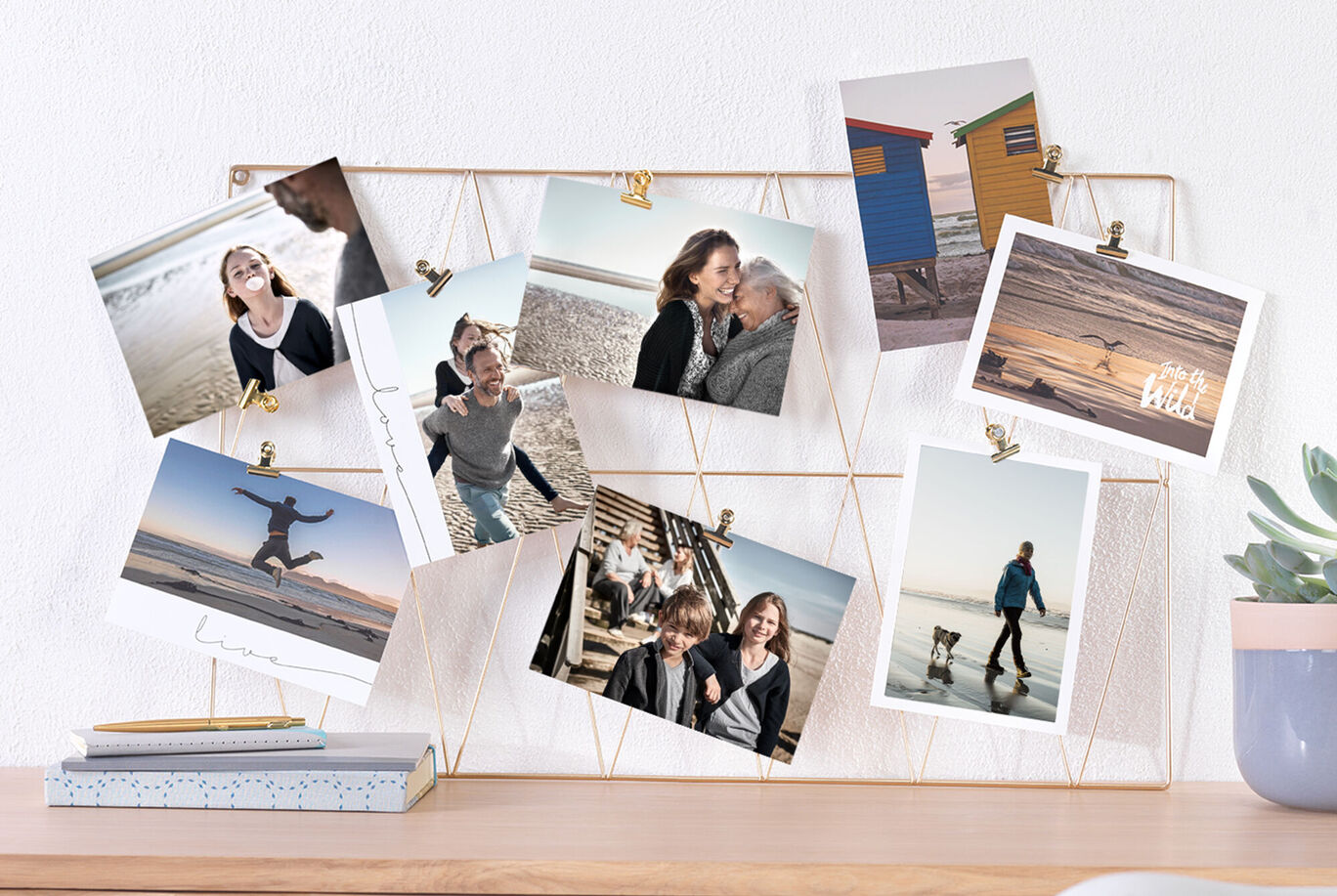 A collection of photos capturing happy moments, arranged on a wire grid. Scenes at the beach, couples, and a playful dog.