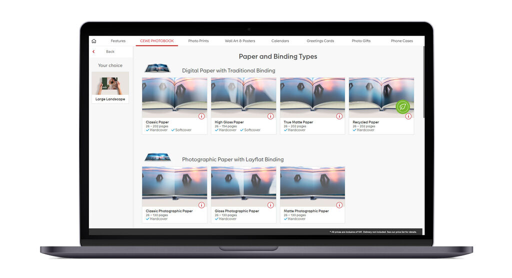 Options for paper and bindings for CEWE photo books on a laptop.