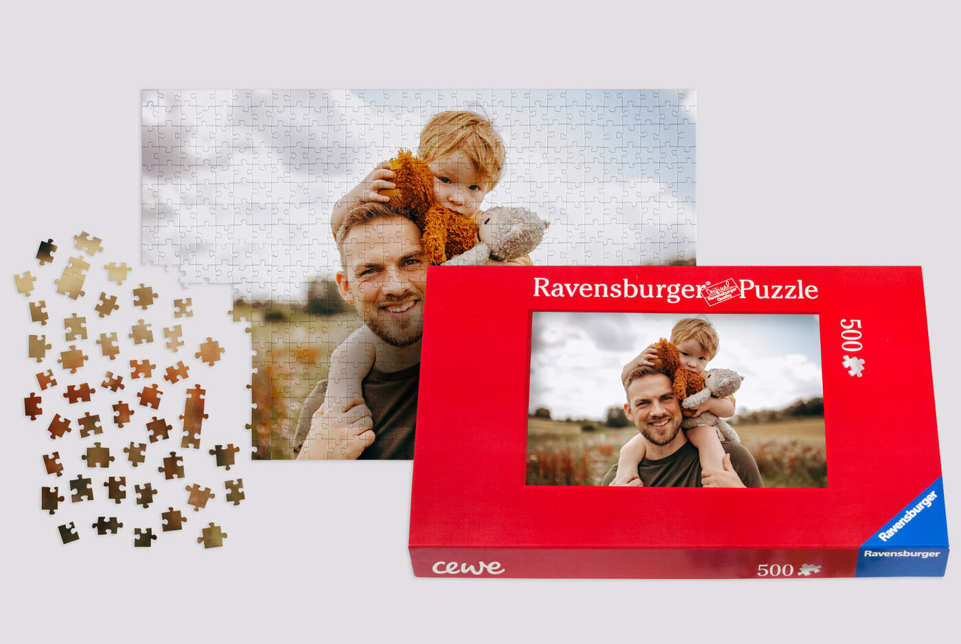 A Ravensburger puzzle featuring an image of a child holding a teddy bear.