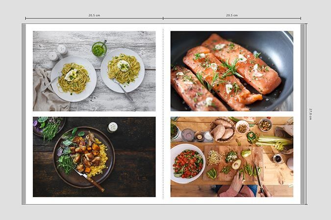Collage with various delicious dishes: pasta with fresh pesto, fried salmon with herbs, colorful vegetables and salad.