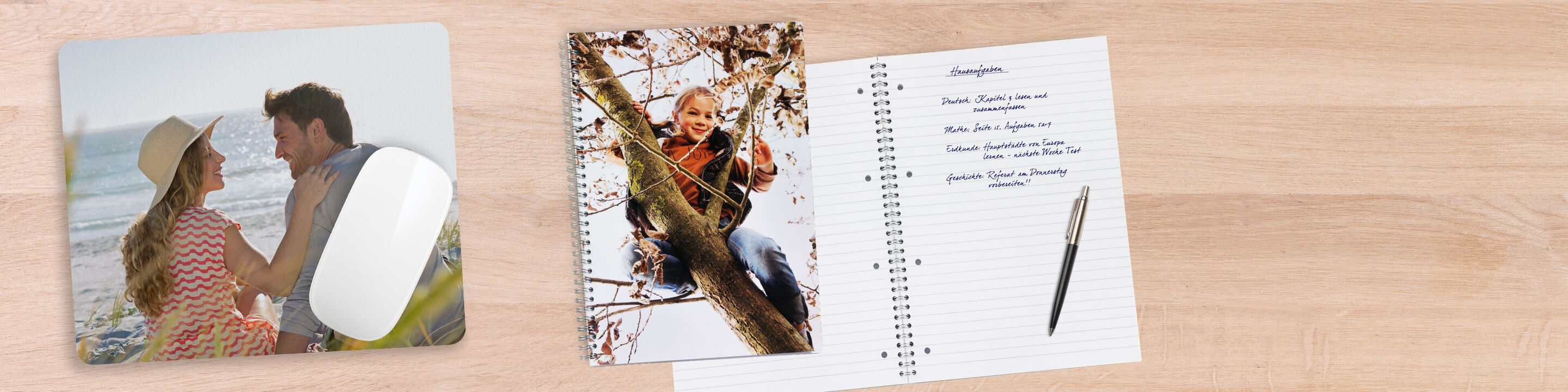 A couple enjoys time at the beach, while a person is in a tree showing a notebook and a pen.