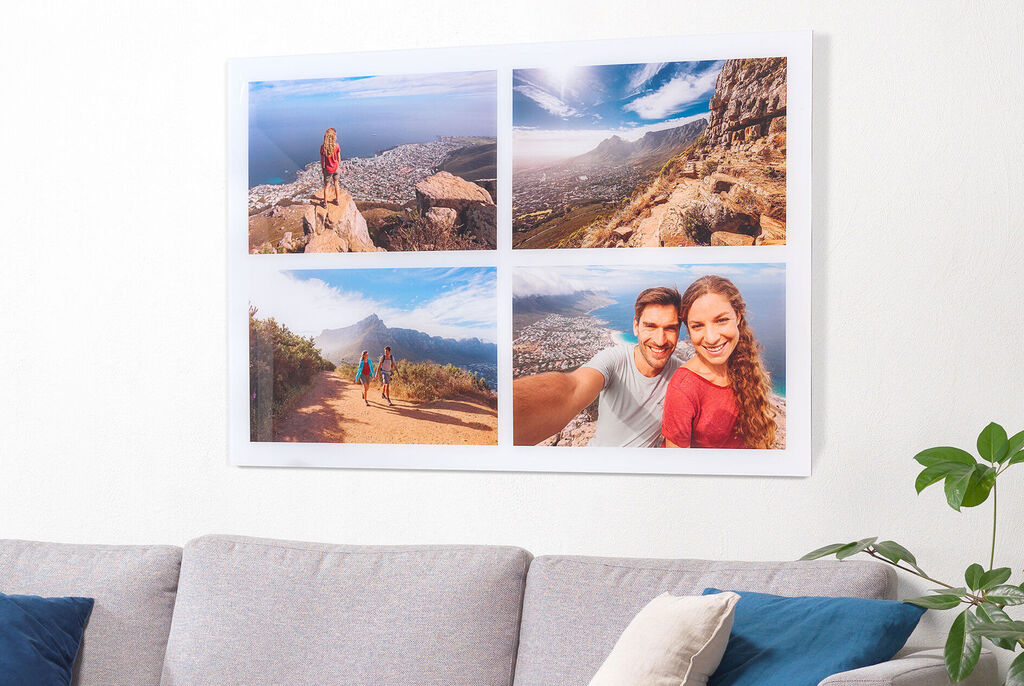 Four photos in a wall picture showing beautiful landscapes and vacation moments
