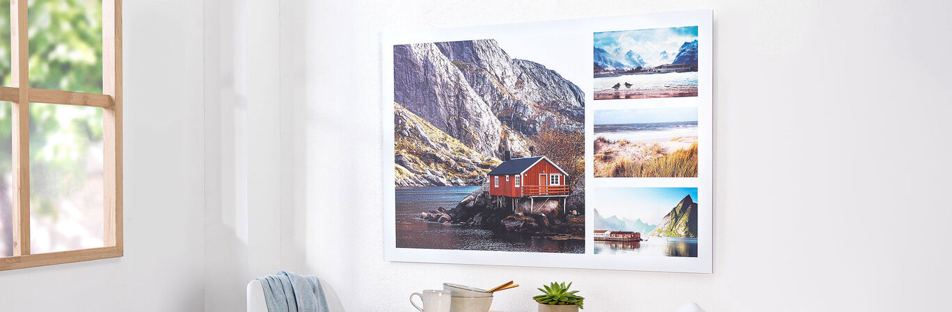 Wall picture with a red cabin by the water and four landscape photos