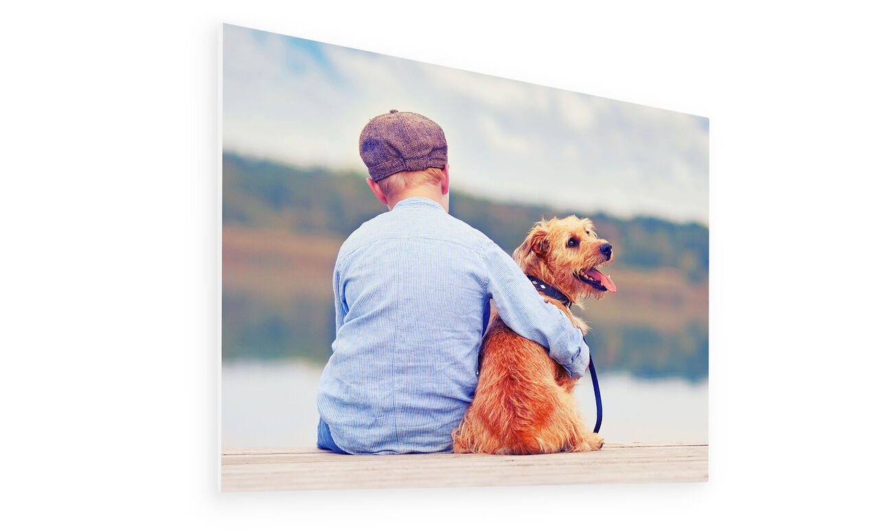 A boy with a cap sits by the shore hugging his dog, enjoying a wonderful moment by the water together.