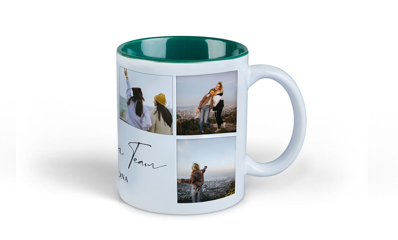 Cup with photos of friends and loving text