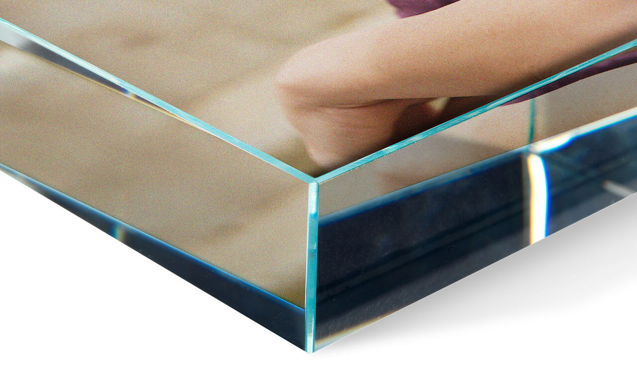 Edge view of a high-quality acrylic picture with a person viewing the artwork