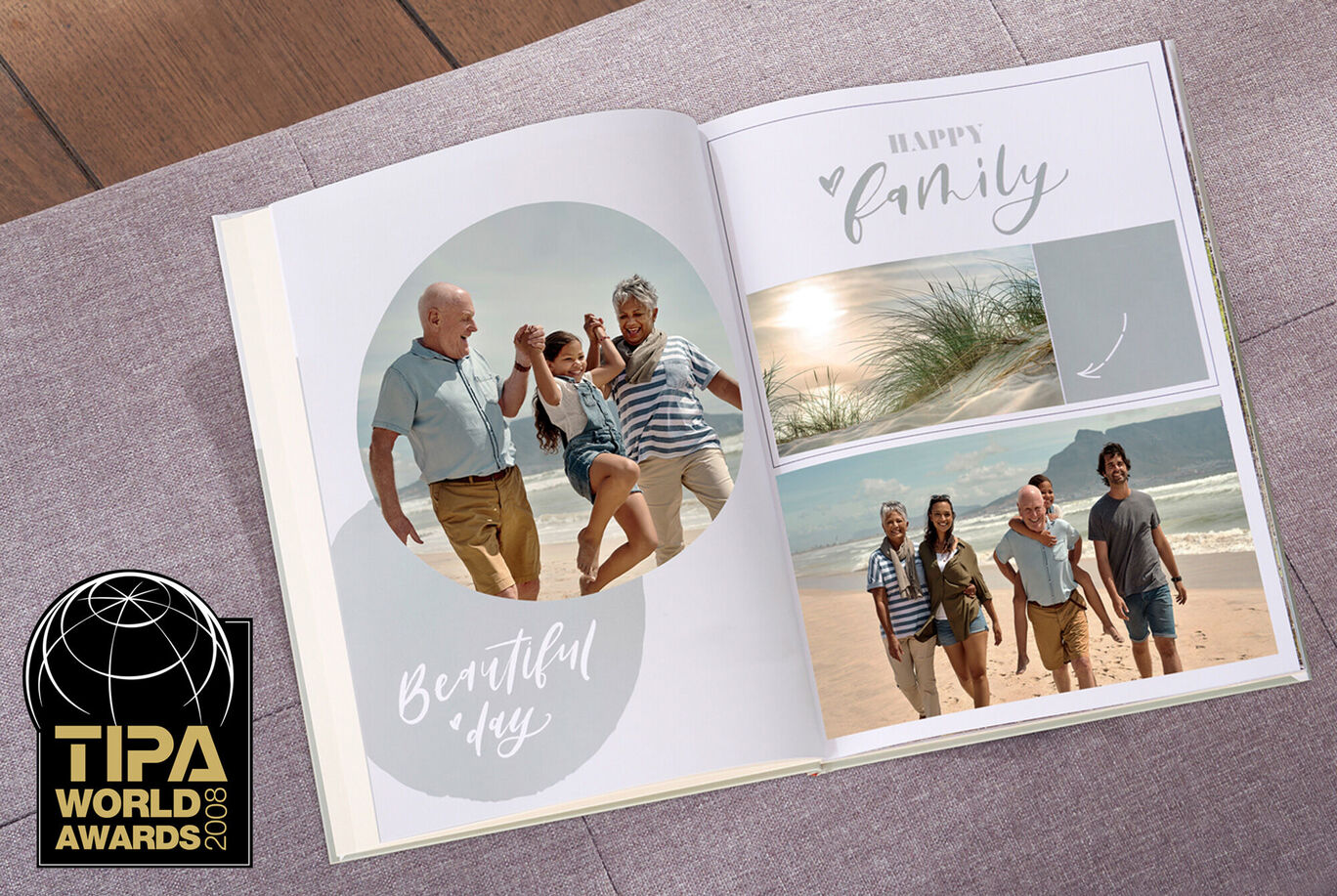 A joyful family enjoys a day out at the beach. A round photo on the left shows 'Beautiful Day.'
