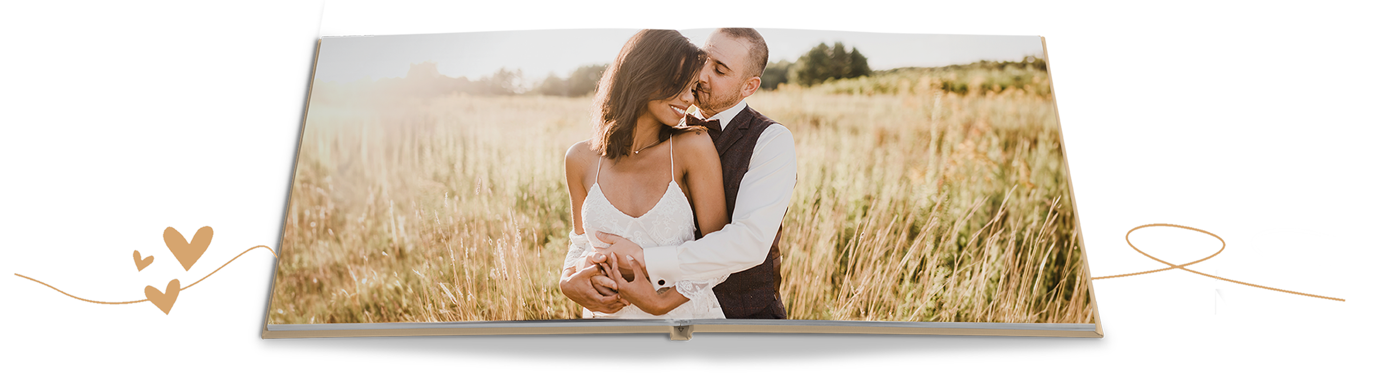 Couple in warm landscape embracing each other.