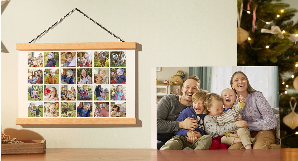 A loving wall picture with several photos of happy family moments in a wooden frame.