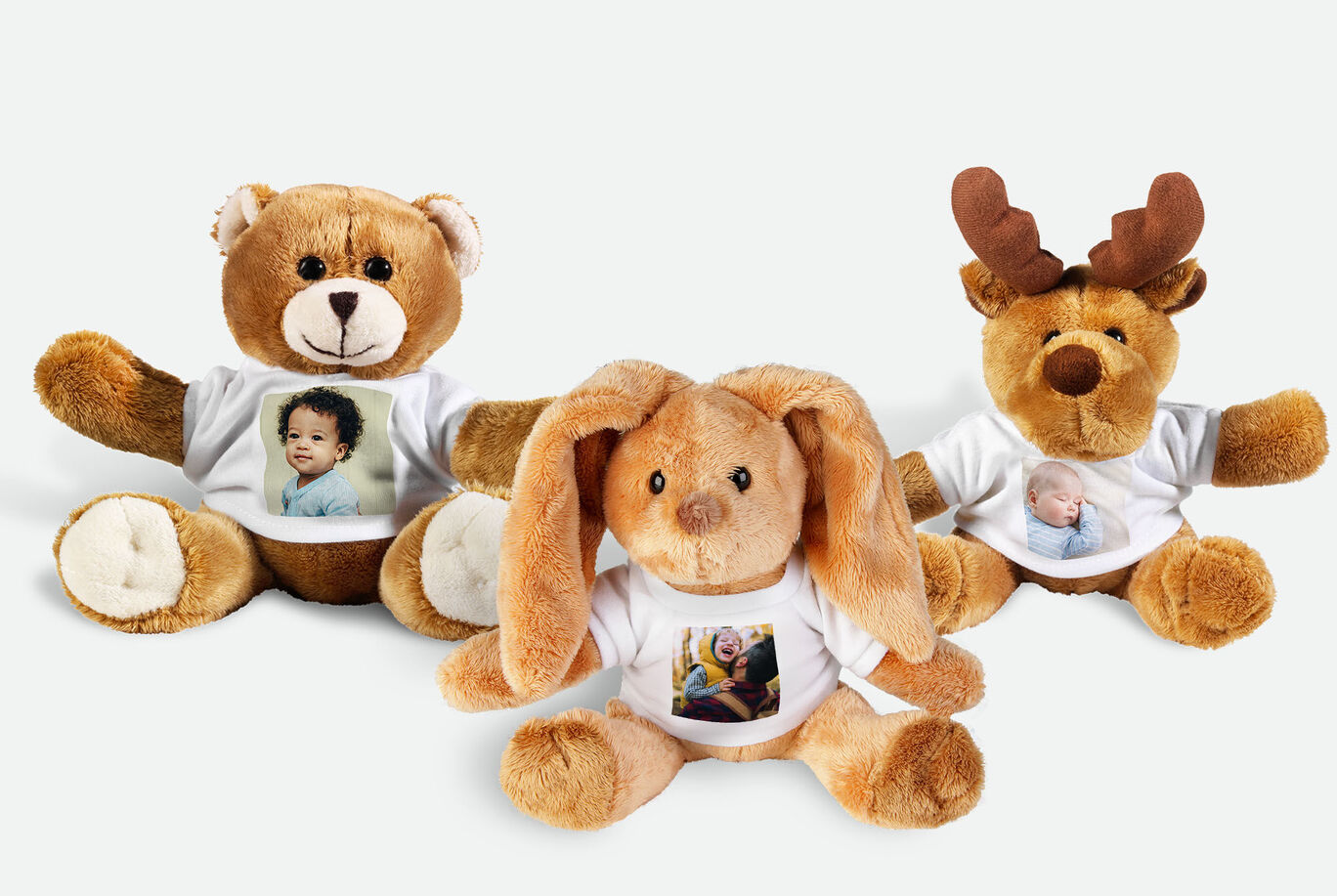 Three cuddly stuffed animals with photo prints on shirts, perfect as gifts.
