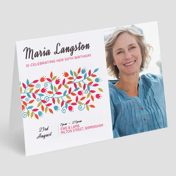 Colorful greeting card for 50th birthday with floral motifs