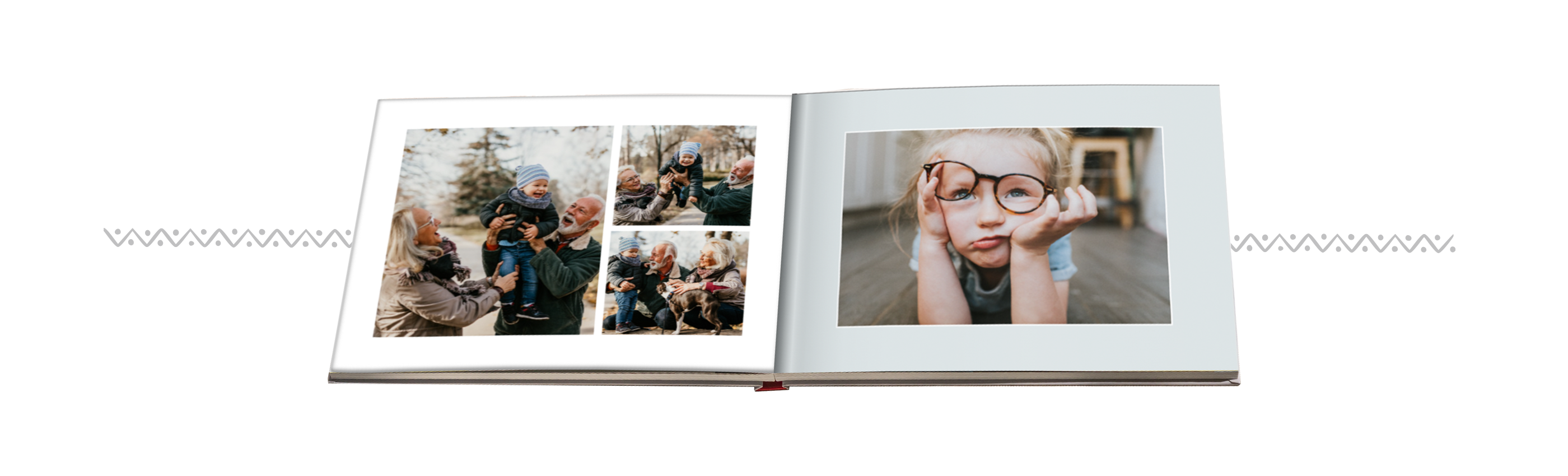 An open CEWE PHOTO BOOK with happy memories, beautifully designed