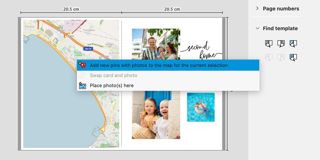 Map with photos in a photo book design, showing two kids and a man on the beach, interactive options visible.
