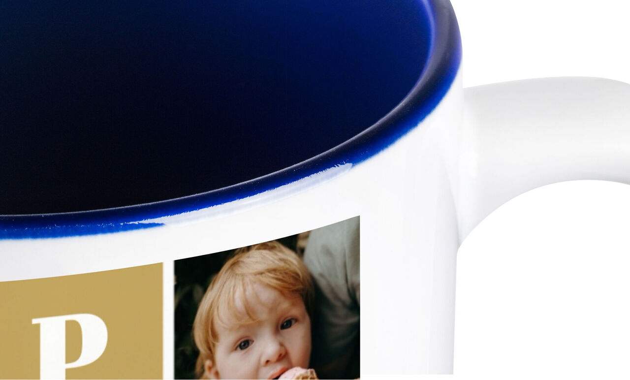 Coffee cup with blue inside and individual photos.