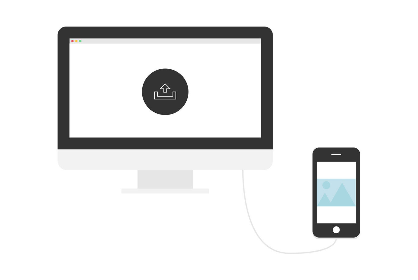 Computer shows upload symbol, smartphone with landscape picture.