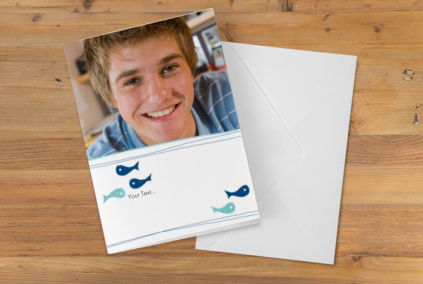 A creative greeting card with colorful fish and space for personalized text