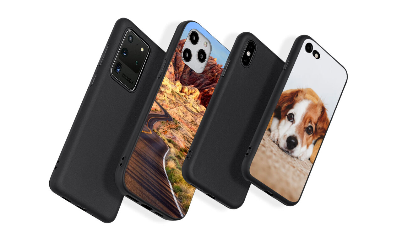 Three sleek phone cases in black with various unique designs: a landscape, a dog image, and a colorful edge illustration.