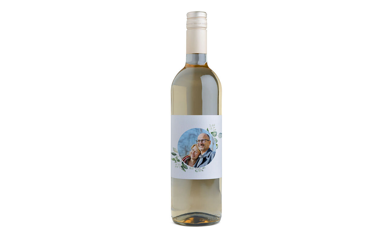Bottle of white wine with a lovely label and cheerful design.